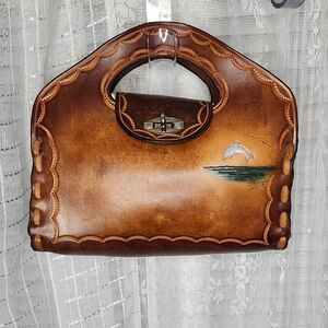 Vintage 70's Brown Tooled Leather Handbag Handcrafted by Mali & Debbie Stine